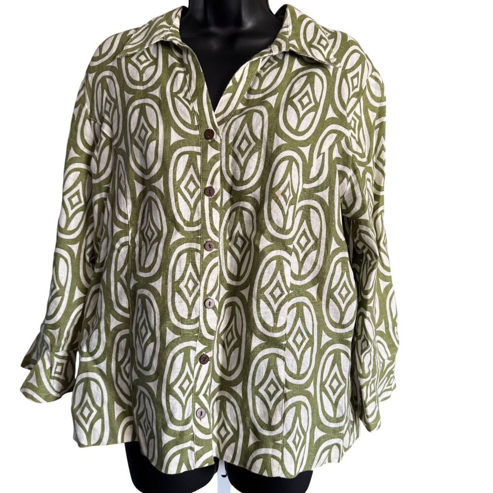 Linen Shirt 12 Green White Geometric Print Button-Up By JM Collection